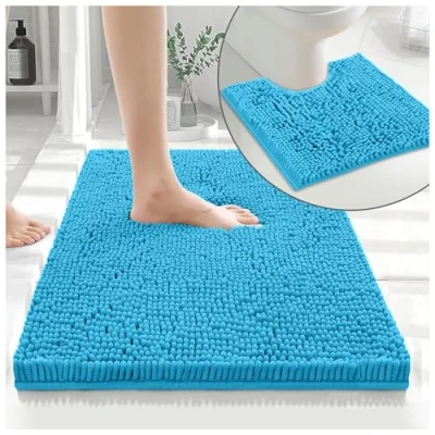 Image of GC GAVENO CAVAILIA 2 Piece Non Slip Rubber Backed Mats Super Absorbent Antibacterial Toilet Carpet Mat Quick Dry Microfiber Chenille Rug Washable Bath Teal