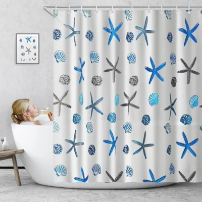 Image of Minicoco Shower Curtain Elegant 100% PEVA Curtains Mould Proof &amp; Mildew Resistant Bathroom with 12 Hooks, 180 x cm (Blue Starfish)