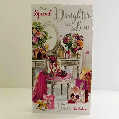 Image of Jonny Javelin Special Daughter In Law Happy Birthday Wishes Card Dressing Table Flowers