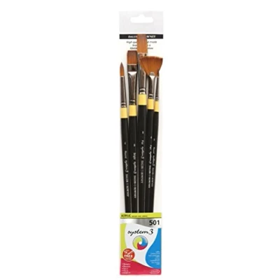Image of Daler Rowney System3 Acrylic Brush, Stiff Synthetic Hair, Long Handle, Round, Flat, Fan and Bright, , Polybag, Set 501, 5 Assorted brushes