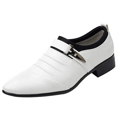 Image of Dress Wedding Shoes for Men UK, Pointed Toe Leather Oxfords Smart Stylish Shoes, Casual Work Office Comfort Anti Slip Cosy Walking Classic Business Pleated White