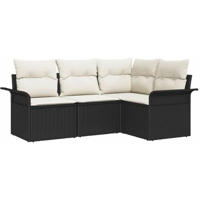 Image of vidaXL 4 Piece Garden Sofa Set with Cushions Black Poly Rattan