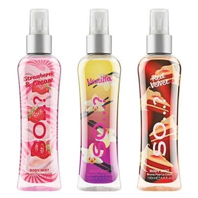 Image of Body Mist by So…? Womens Vanilla, Red Velvet, Strawberries &amp; Cream Spray Mixed Fragrance 100ml Bundle (Pack of 3)