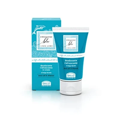 Image of Helan Emozione Blu Deodorant Womens &amp; Mens in Cream with Essential Oils, Long Lasting Free of Aluminium Salts for Men Women, Dermopurifying Refreshing Action Made Italy 125 ml