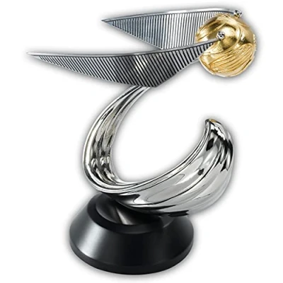 Image of The Noble Collection Harry Potter Golden Snitch Sculpture 7in (18cm) 24k Gold and Silver Plated on Wood Display Base Officially Licensed Film Set Movie Props Gifts