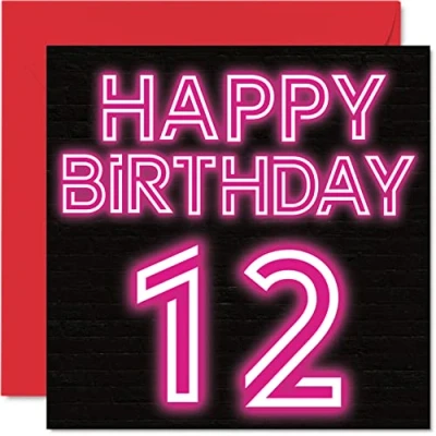 Image of Fun 12th Birthday Cards for Boys Girls Neon Glow Happy Card Son Daughter Brother Sister Grandson Granddaughter Niece Nephew, 145mm x Greeting Cards,