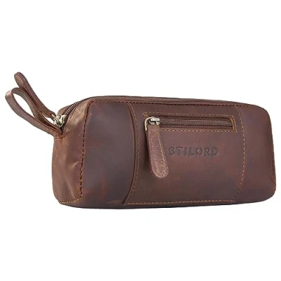 Image of STILORD &#039;Ted&#039; Leather Pouch Small Vintage Aesthetic Pencil Case Soft Glasses Make Up Bag Coin Purse Key Wallet Travel Accessory in Genuine Leather, Colour:Cognac Dark Brown