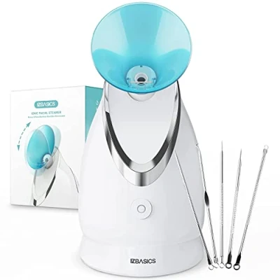 Image of EZBASICS Face Steamer Professional, Nano Ionic Facial for Pores with Warm Mist Humidifier Atomizer and Sauna Inhaler Spa, Aromatherapy Design, 1 Pack + 5 Stainless Steel Skin Kit Blue