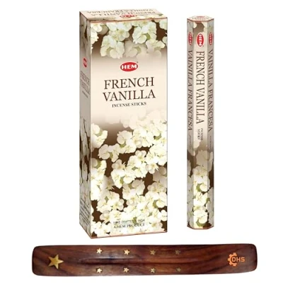 Image of HEM Incense sticks French Vanilla Full box of 6 with DHS stick holder for Yoga, Meditation, Healing, Spirituality, Aromatherapy, Spa and Relaxation…