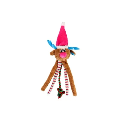Image of DINGO Reindeer Dog Toy with a Pink Hat, Rope Tug and Sewn in Squeaker, Funny for Training, of War, Fetch, Play, 50 cm Long, Multicolor 17482