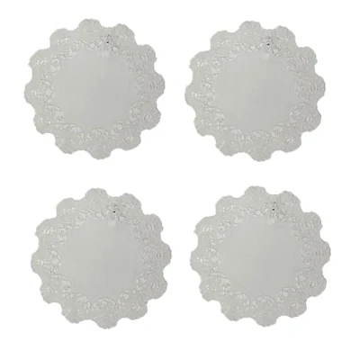 Image of Embroidered Floral Doilies Pack of 4 Scallop Edge Design Traditional Table Linen White (30cm)