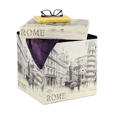 Image of Relaxdays Pouffe with Storage Space, Padded Stool, Vintage Rome Design, Foldable, 38 x 37.5 cm, White &amp; Pattern, Fibreboard