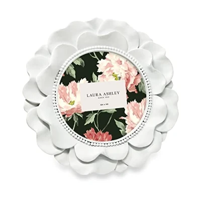 Image of Laura Ashley 4x4 White Round Resin Ornate Flower Design Picture Frame with Beaded Border, for Tabletop and Wall Display, Floral Home D cor (White)