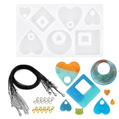 Image of NA Woohome Resin Silicone Moulds 7 Cavity Heart Shaped Pendant Jewelry Casting Mould with Black Wax Rope and Buckle for Pendant, Earrings Making