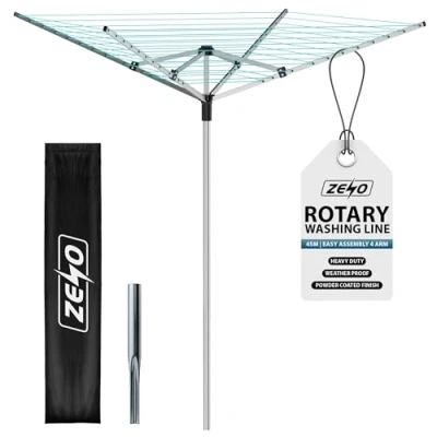 Image of ZENO Rotary Washing Line Airer 4 Arm 45M Easy to Open And Close Laundry Clothes Dryer Garden Cover Ground Spike Included Silver