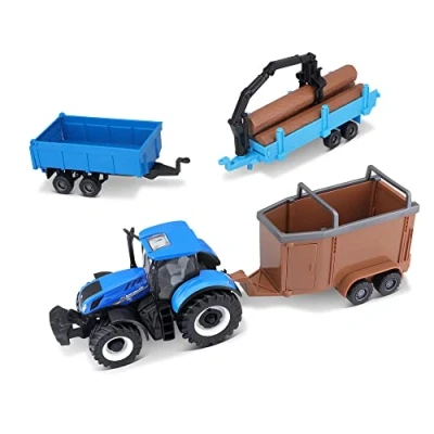 Image of Bburago B18 31668NH Die Cast New Holland Farm Tractor with 3 Trailers Traktor Vehicle, Blue