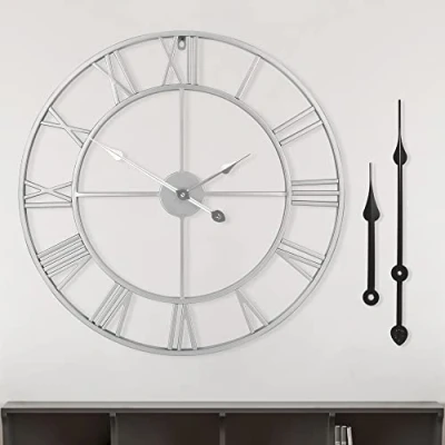 Image of HAITANG Vintage Silver Metal Large Wall Clock Roman Style 16 Inches Round Silent Non Ticking Battery Operated Numerals Clocks for Living Room,Bedroom,Kitchen Decor 40cm