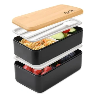 Image of Nudic Bento Lunch Box, Leak Proof Container with Compartments, Japanese Style Lunchbox Sauce Pot Cutlery Set, BPA Free Microwave and Dishwasher Safe 1400 ml.