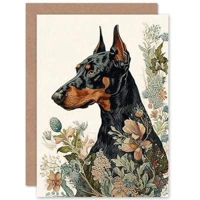 Image of Artery8 Doberman Dog with Wild Flowers Boho Watercolour Illustration Art Birthday Sealed Greeting Card Plus Envelope Blank inside