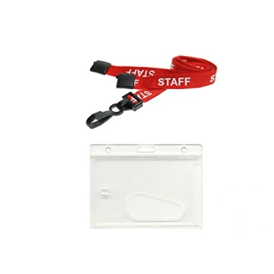 Image of ID Card It Holder Enclosed &amp; Staff Neck Strap Lanyard Red
