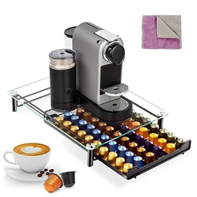 Image of Masthome Coffee Pods Storage, 60 Capsule Pod Drawer with Tempered Glass Top, Machine Stand Anti Slip Feet for Kitchen Office, Send 1 Cleaning Cloth (Metal/Black)