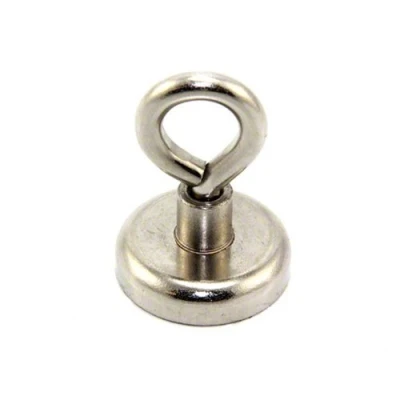 Image of Neodymium Clamping Magnet with M6 Eyebolt for Hanging, Holding or Displaying Items 32mm dia 36.4kg Pull