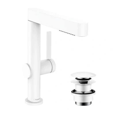 Image of hansgrohe Finoris bathroom tap with push open waste set, sink spout height 230 mm, basin mixer water saving (EcoSmart), matt white, 76063700