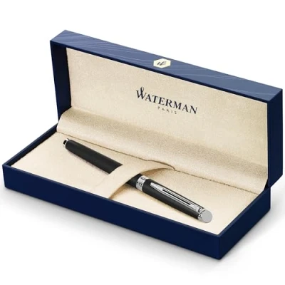 Image of Waterman Hémisphère Fountain Pen Matt Black with palladium trim Medium Nib Blue Ink Gift Box