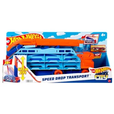 Image of Hot Wheels City Speed Drop Transport Hauler, Includes 1 Car, Can Hold More than 20 1:64 Scale Vehicles, Transforms into 2 Foot Tall Gravity Drop, Gift for Kids 4 Years &amp; Older, HDY92