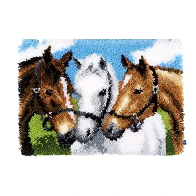 Image of Vervaco Latch Hook Rug Kit Horses, Cotton, Multicoloured, 55 x 38 0,3 cm