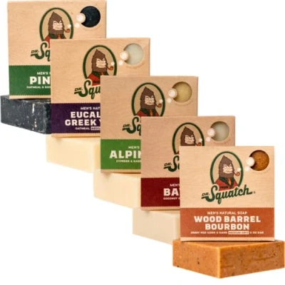 Image of Dr. Squatch All Natural Soap Bar for Men, 5 Variety Pack Alpine Sage, Bay Rum, Pine Tar, Eucalyptus Greek Yogurt, Wood Barrel Bourbon