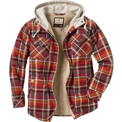 Image of Legendary Whitetails Men&#039;s Camp Night Flannel Shirt Jacket with Hood and Berber Lined Long Sleeves, Cardinal Arrowood Plaid, L/Tall