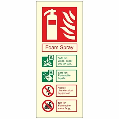 Image of Glow In The Dark Foam Spray Fire Extinguisher ID Sign 80mm x 200mm Rigid Plastic