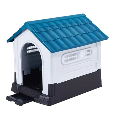 Image of Lanco Kennel for Small Dogs with Toilet. Indoor and Outdoor use vents. Resistant Material. 27x22x26 inches (L*W*H). Blue White.