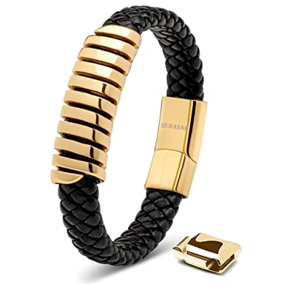 Image of SERASAR Mens Bracelets 23cm Gold Gift Box Genuine Leather Cowhide Braided Adjust Able Magnetic Clasp Multi Layer Wrap Jewellery Rope Man Mans Male Band Jewelry Accessories