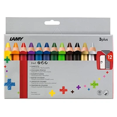 Image of Lamy 1223548 3plus Coloured Pencils 520: Folding Box with 12 + Sharpener. Cedar Wood Ergonomic Shape and high Colour Brilliance Extra Thick Lead Diameter 10 mm,