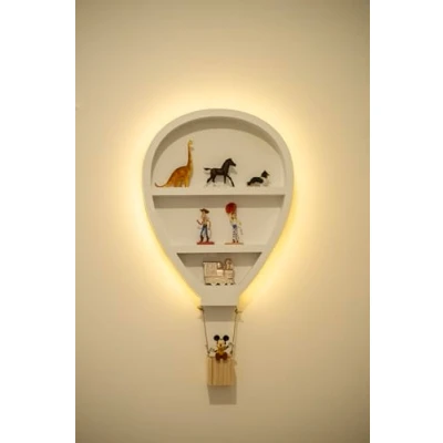 Image of HomeZone White Wooden Shelves, Children&#039;s Hot Air Balloon Shelf, Wall Mounted, LED Lights Shelving as Night Light Book Shelf Storage Unit Childrens Bedroom, Nursery Decor, Kids 51cm