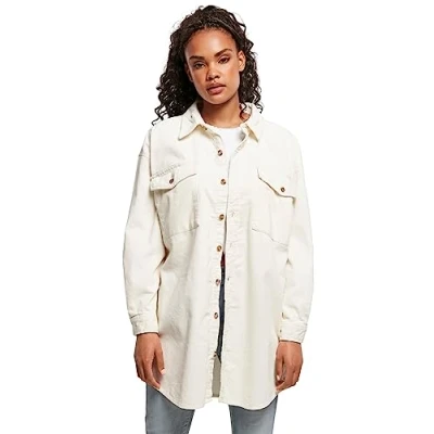 Image of Urban Classics Ladies LONG Corduroy Overshirt Buttondown blouse, Women&#039;s, Size: XS, Whitesand