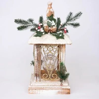 Image of SHATCHI 32cm Battery Operated Wooden Lantern Lamp LEDs Glitter Snow Covered Indoor Christmas Decorations, Wood, Cool White