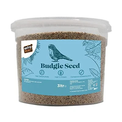 Image of Extra Select Budgie Seed Mix Indoor Bird Food for Small Birds Only in Handy Storage Tub 3 Litre