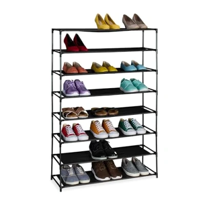 Image of Relaxdays Shoe Rack, with 8 Levels, Metal Frame, Fabric, Plug Together, Organisation, Hallway Storage, Black, Fleece, tier