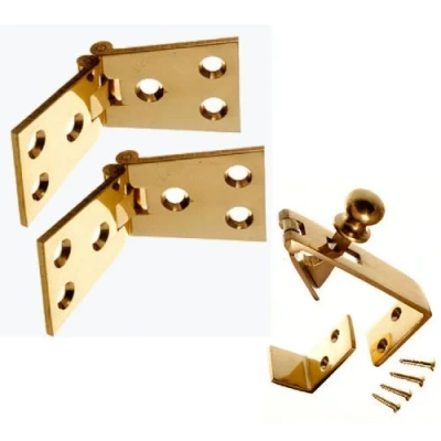 Image of PAIR OF BRASS COUNTER FLAP HINGES 1 1/4 INCH X 4 &amp; CATCH + SCREWS
