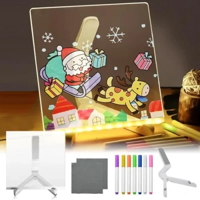 Image of LED Note Board with 7 Colour Pens, Light Up Memo, Drawing/Writing Stand, Message Board, Acrylic Dry Erase 20x20CM, Clear Rewritable Memo for Child Home School
