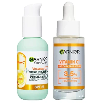Image of Garnier Anti Blemish Facial Serum with Vitamin C and Salicylic Acid Brightening Smoothing Effect 30ml + Cream Face SPF 25, 50ml 2 Products