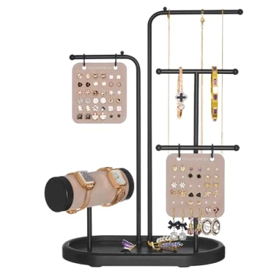 Image of SONGMICS Jewellery Stand, Organiser, Display Holder with Metal Frame, 2 Earring Boards, 4 Hanging Rods, Necklace Bracelet Holder, for Watches, Ink Black JJS025B01