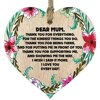 Image of Dear Mum Thank You Gifts Wooden Heart Plaque, Light Wood Sign, Mothers Day Gift for Mum, Worlds Best Hanging Heart, Mummy Mother, Presents on her Birthday, From Daughter