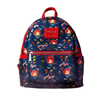 Image of Child&#039;s Play Good Guy Chucky Doll Denim AOP Mini Backpack, Bag, Horror Cosplay, Blue, Standard