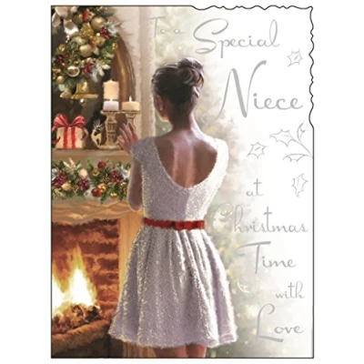 Image of Christmas Card (JJ1169) Special Niece Girl By The Fireplace Foil and Flittered Finish