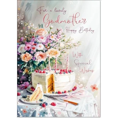 Image of doodlecards Godmother Birthday Card Cake and Flowers Medium Size with Plain Envelope