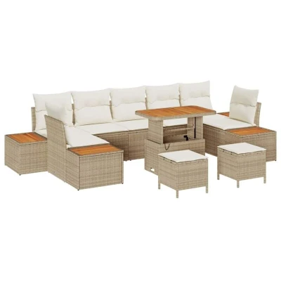 Image of vidaXL 10 Piece Garden Sofa Set with Cushions Beige Poly Rattan Acacia